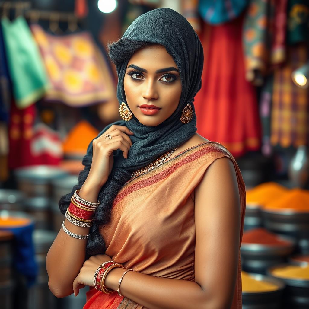 A hot Indian woman wearing a stylish saree that elegantly drapes over her curves