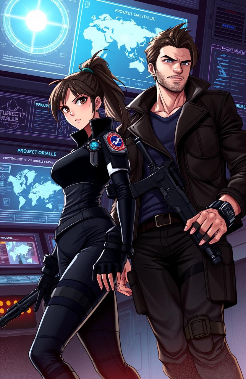 A dynamic and intense illustration of two original characters (OCs) on a high-stakes espionage mission