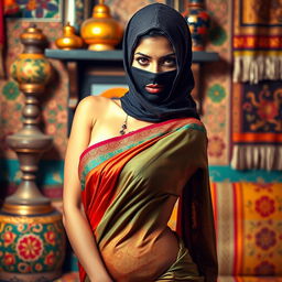 A hot Indian woman elegantly draped in a colorful saree that accentuates her figure