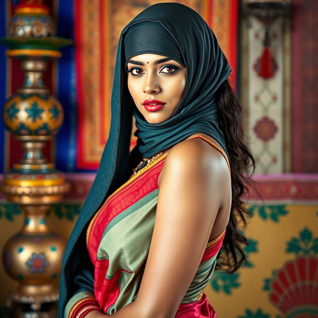 A hot Indian woman elegantly draped in a colorful saree that accentuates her figure