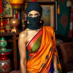 A hot Indian woman elegantly draped in a colorful saree that accentuates her figure