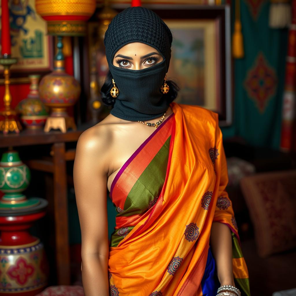 A hot Indian woman elegantly draped in a colorful saree that accentuates her figure