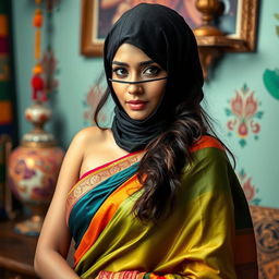 A hot Indian woman elegantly draped in a colorful saree that accentuates her figure