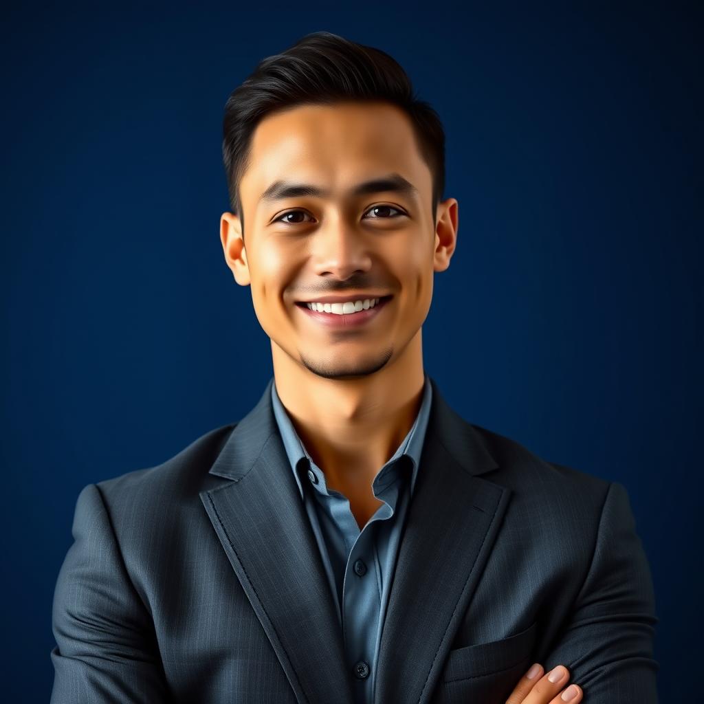 A portrait of a confident person wearing a perfect, tailored suit, standing against a rich dark blue background