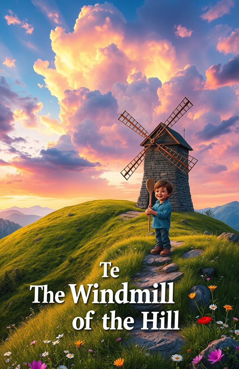 A scenic landscape titled 'The Windmill of the Hill', showcasing a picturesque hilltop with a beautifully crafted windmill