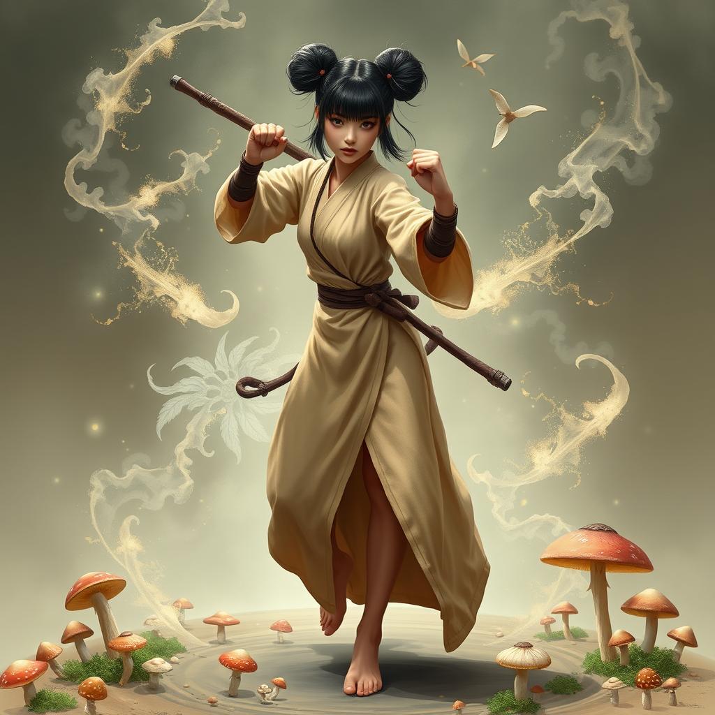 A fantasy woman with glistening skin, wearing her black hair in two high buns, with a fringe framing her face