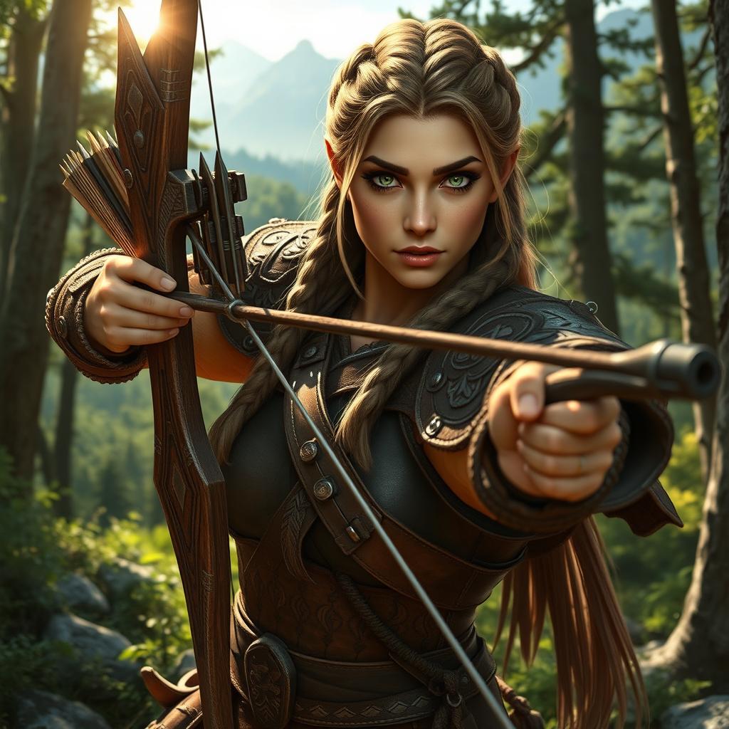 A fierce female dwarf archer in a forest setting, wearing leather armor adorned with intricate patterns, holding a beautifully crafted bow with an arrow drawn