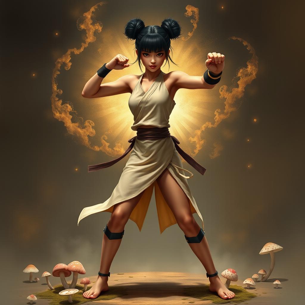 A fantasy woman with glistening skin, wearing her black hair in two high buns, with a fringe framing her face
