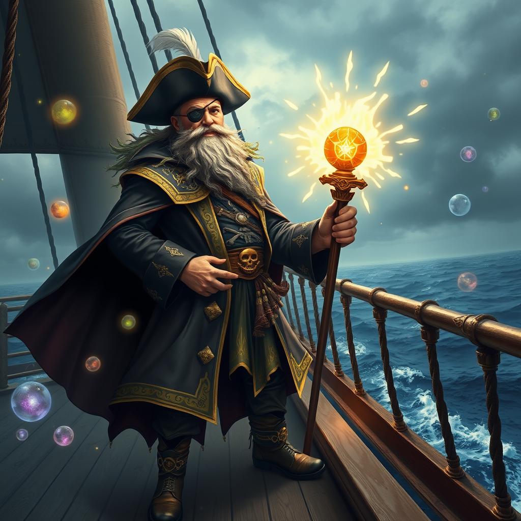 A pirate wizard standing on the deck of a ship, with a dramatic ocean and stormy sky in the background