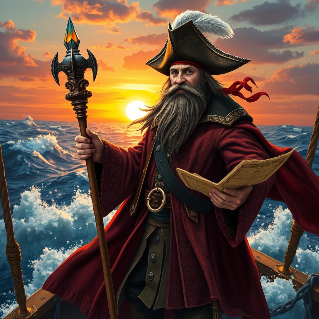 A pirate wizard standing confidently at the bow of a roaring ship, with tumultuous waves crashing around