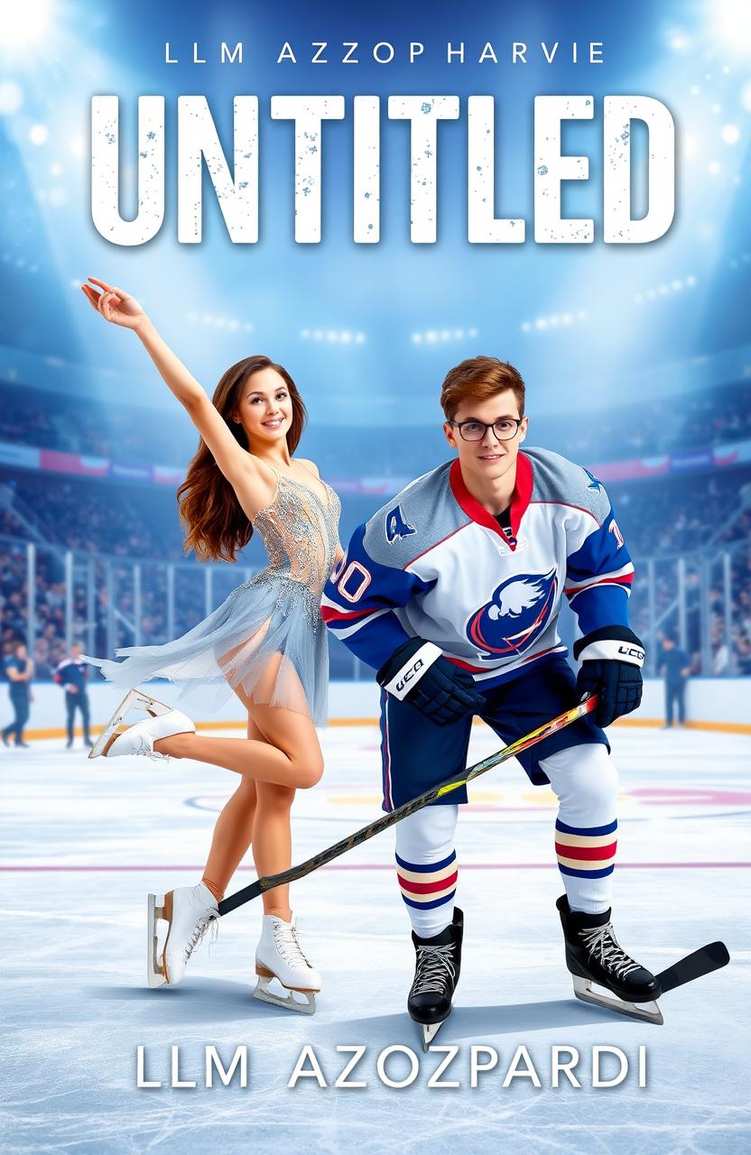 A dynamic book cover featuring a graceful figure skater with long brown hair dressed in a shimmering ice skating costume, poised elegantly on the ice