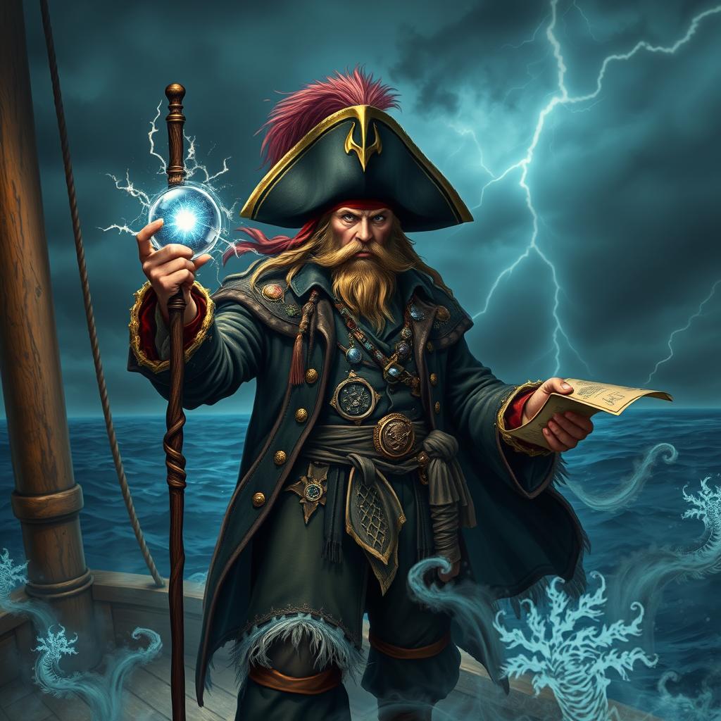 An imposing pirate wizard standing on a creaking ship's deck, surrounded by a tempestuous sea under a menacing sky