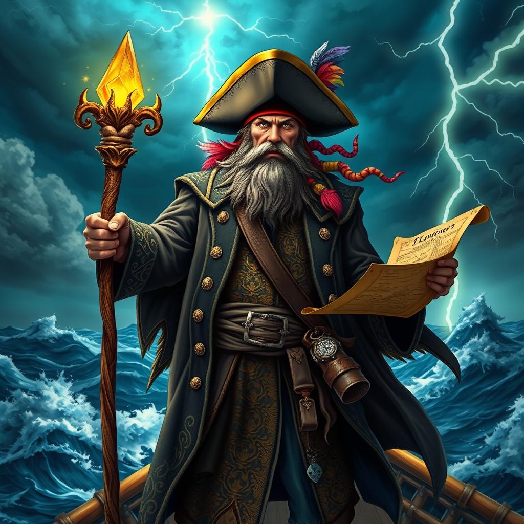 A formidable pirate wizard standing proudly on the deck of a majestic ship, with stormy seas churning around him