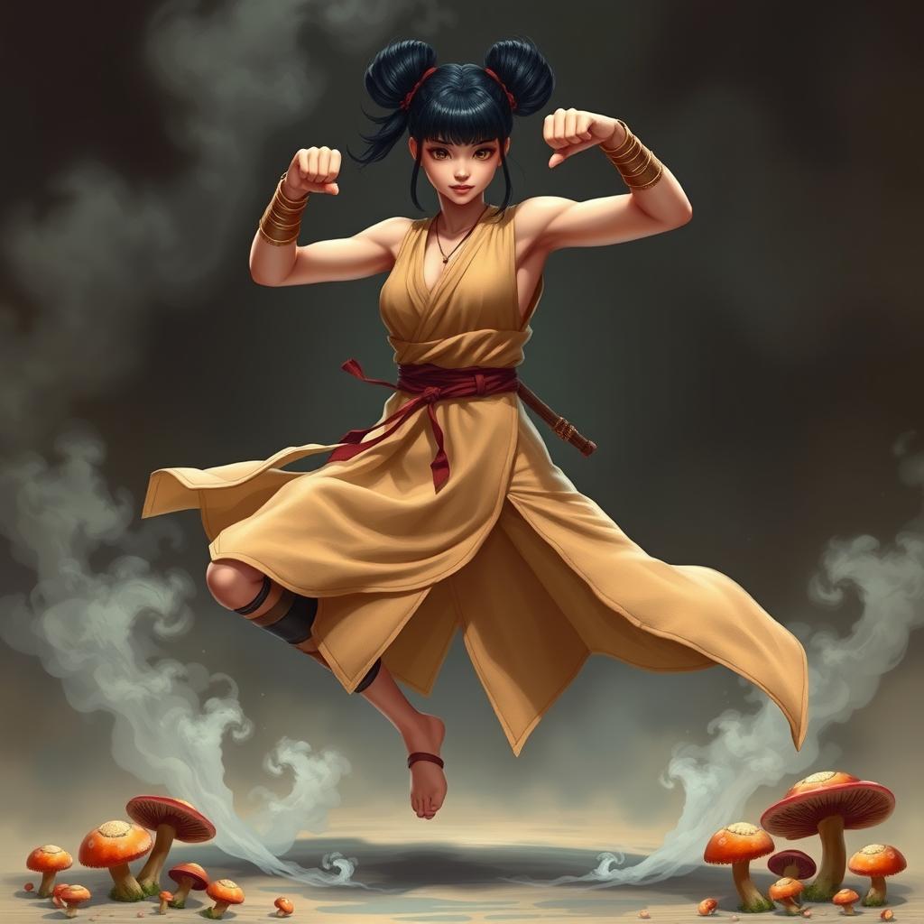 A fantasy woman with glistening skin, wearing her black hair in two high buns, with curtain bangs framing her face