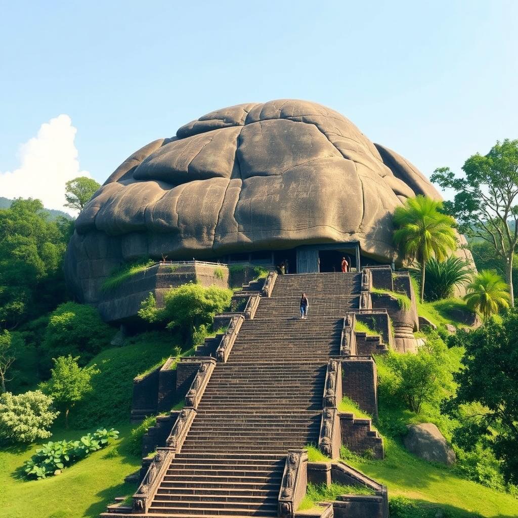 A highly detailed and realistic depiction of the ancient Sigiriya rock fortress in Sri Lanka, showcasing its massive rock structure and the surrounding lush greenery