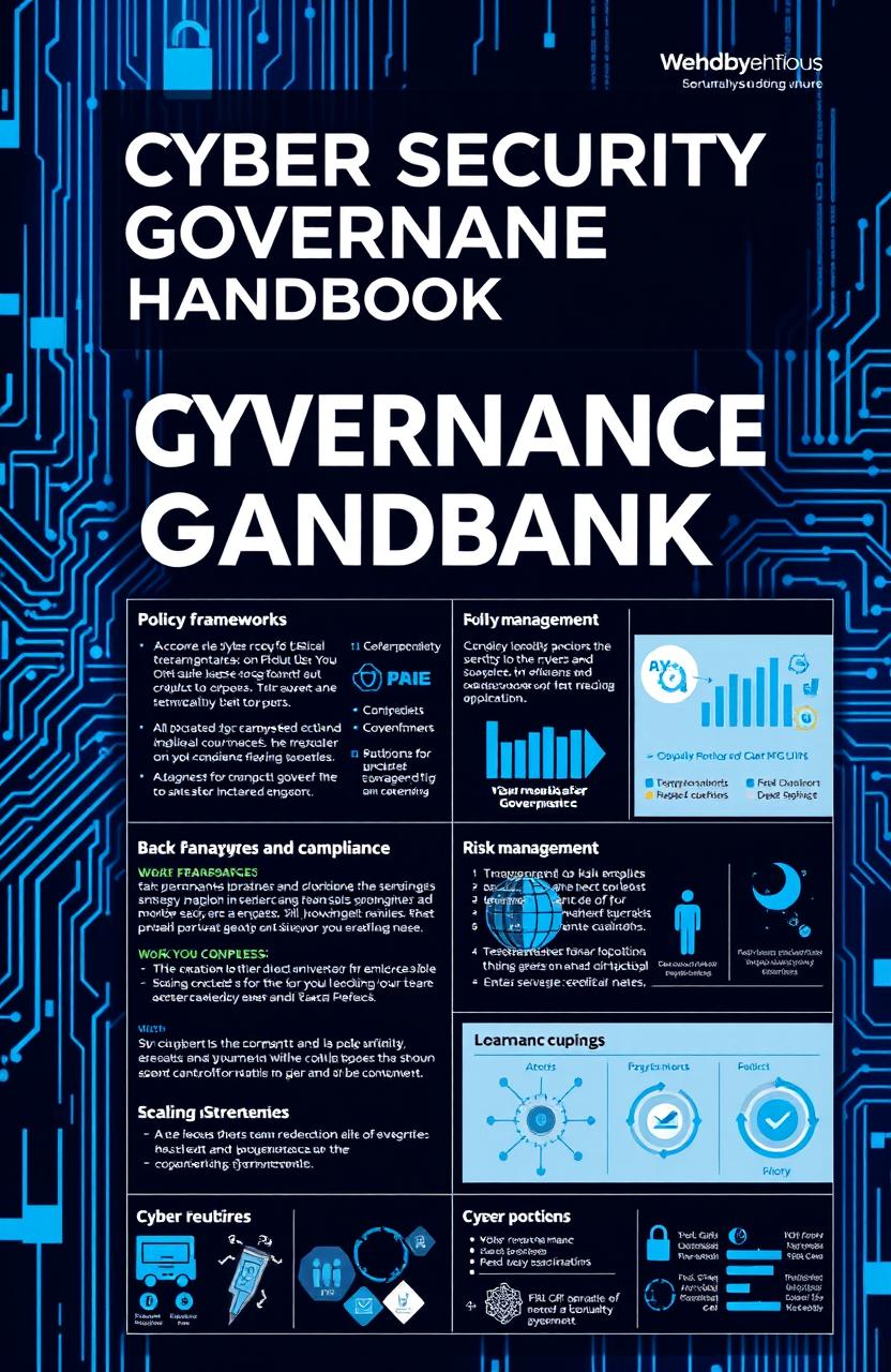 A comprehensive and visually appealing cyber security governance handbook, featuring a sleek and modern design with a digital theme