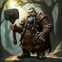A stout and robust dwarf cleric, dressed in intricate, ornate armor adorned with symbols of his deity