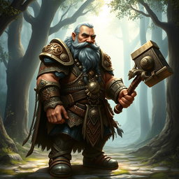 A stout and robust dwarf cleric, dressed in intricate, ornate armor adorned with symbols of his deity