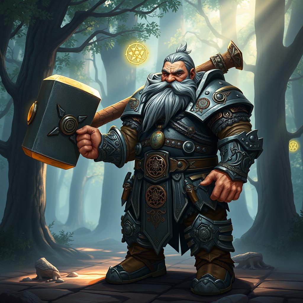 A stout and robust dwarf cleric, dressed in intricate, ornate armor adorned with symbols of his deity