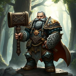 A stout and robust dwarf cleric, dressed in intricate, ornate armor adorned with symbols of his deity