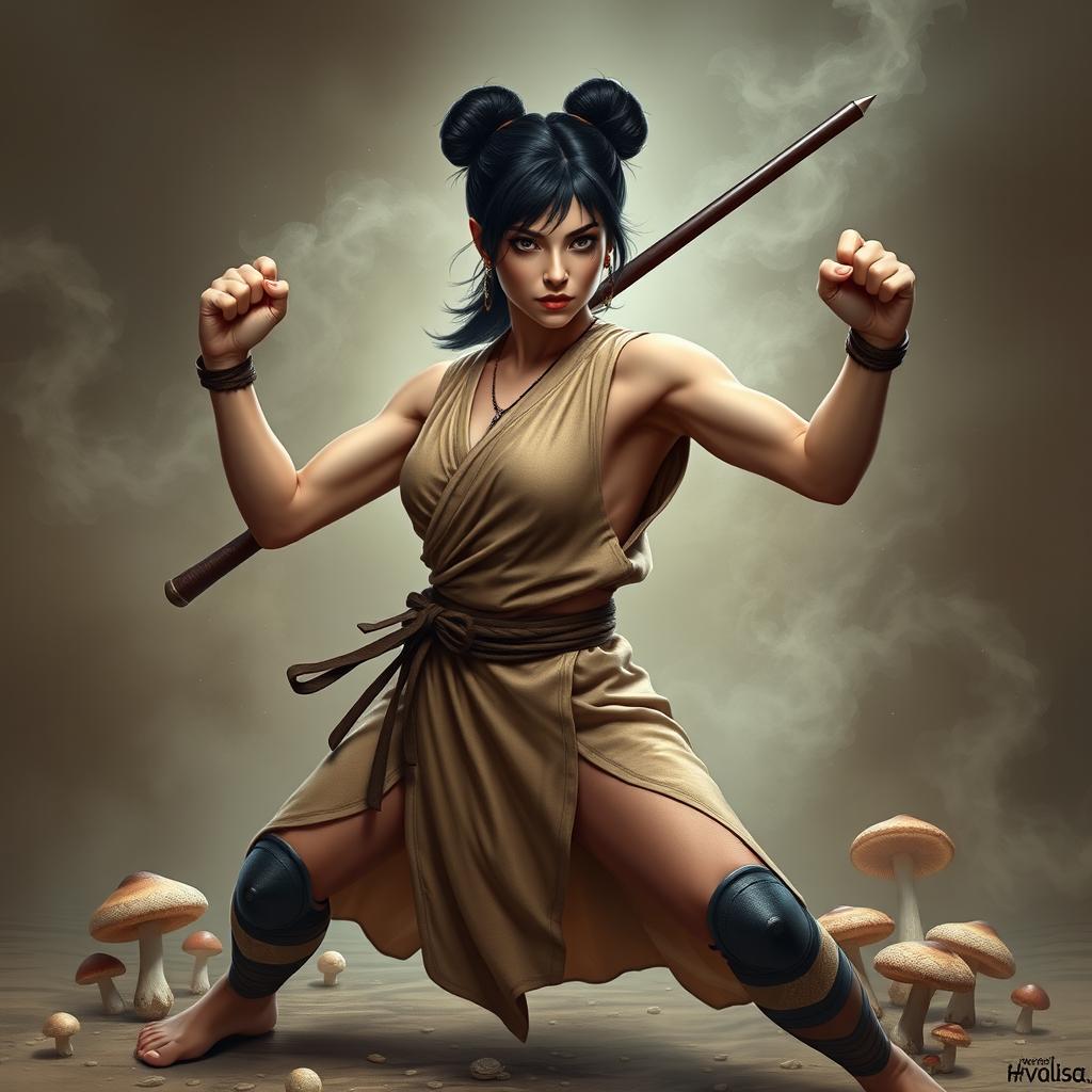A Middle Eastern looking woman with glistening skin, wearing her black hair styled in two high buns, with a fringe framing her face