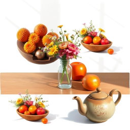 A series of observational drawings inspired by a reference image that includes various objects displayed dynamically on a table