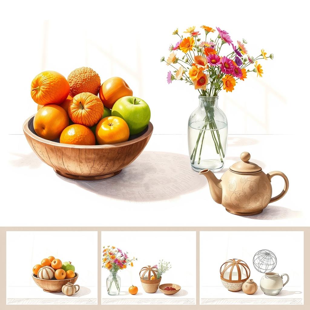 A series of observational drawings inspired by a reference image that includes various objects displayed dynamically on a table