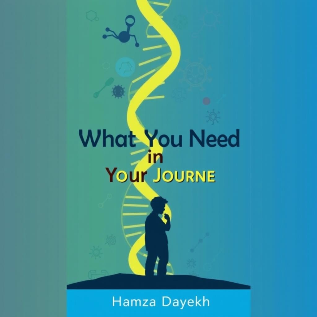 An eye-catching book cover for a biology-themed book titled 'What You Need in Your Journey' directed by Hamza Dayekh
