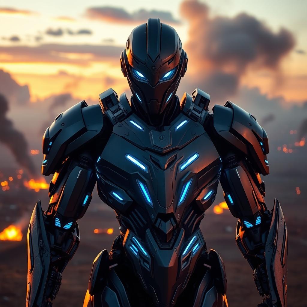 A stunning portrait of a robot warrior standing valiantly on a futuristic battlefield at sunset