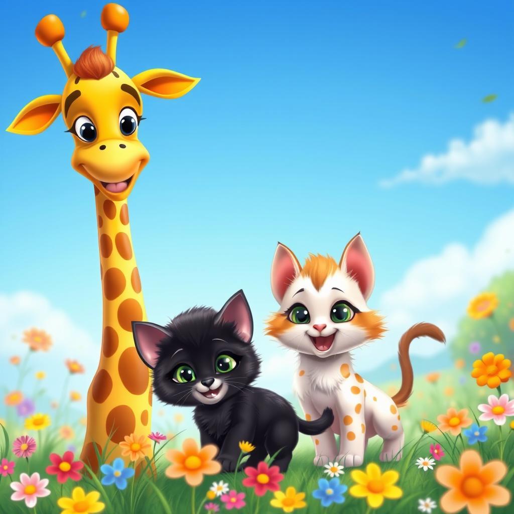 A vibrant cartoon scene featuring a tall, friendly giraffe standing alongside an adorable black kitten and a playful white kitten with orange spots