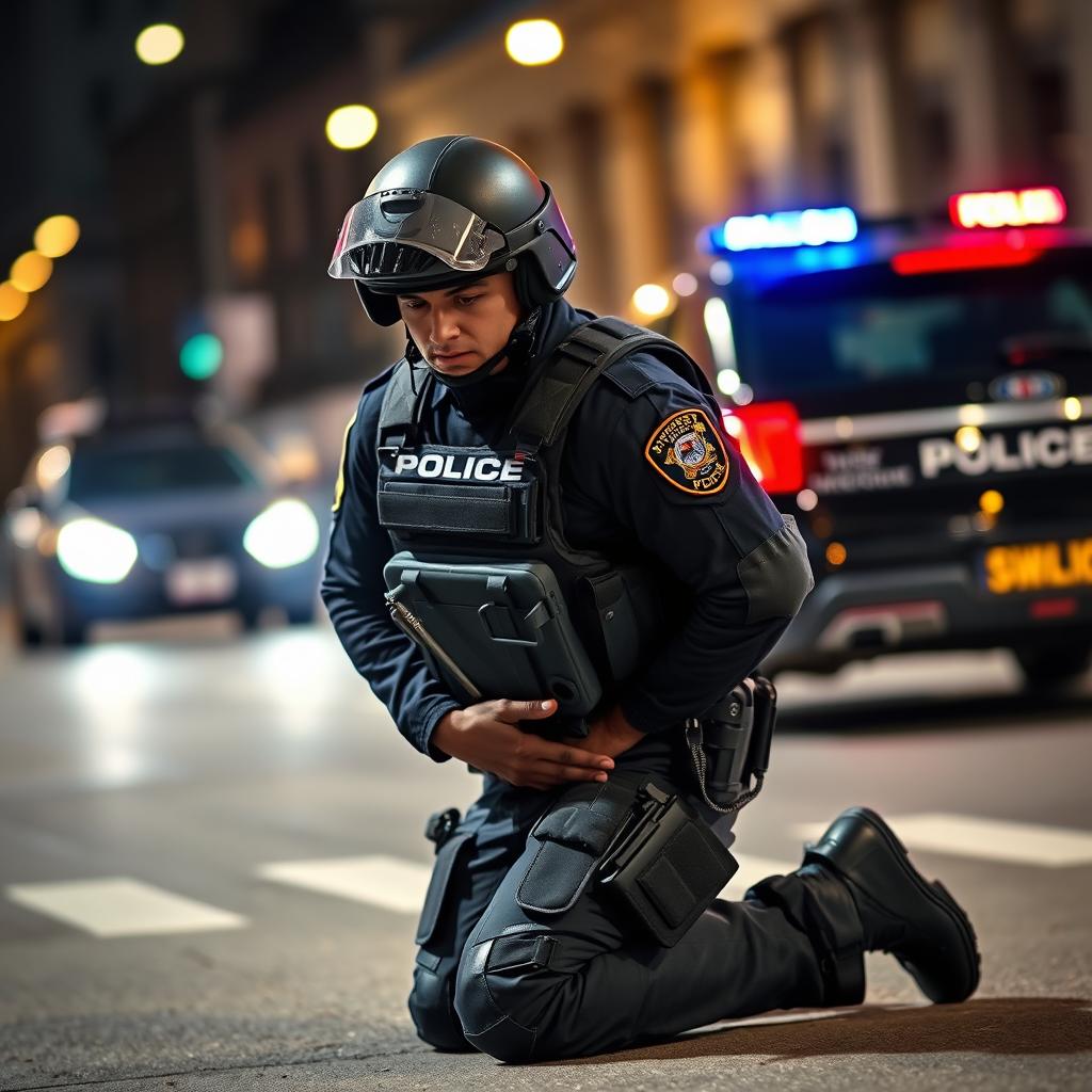A SWAT-geared police officer kneeling down with his hands behind his head in a position of surrender