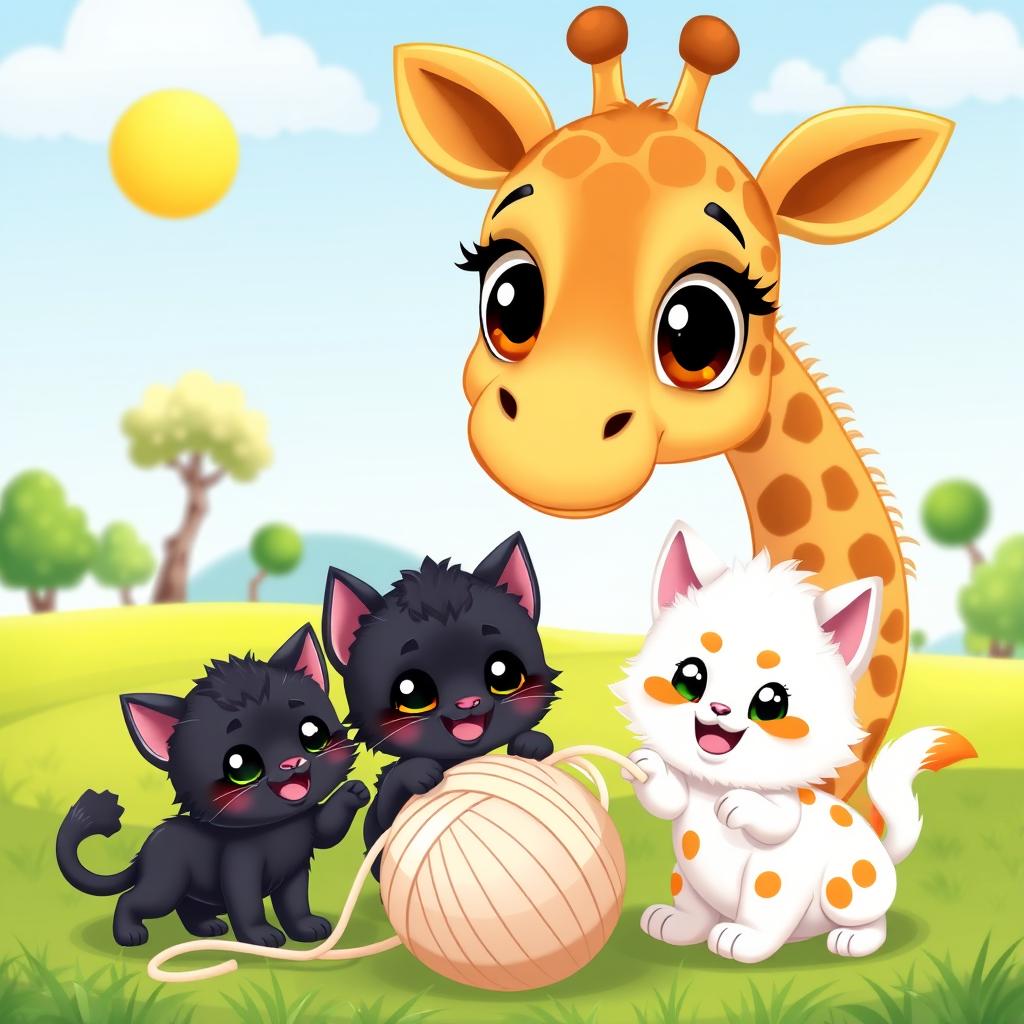 A cartoon scene featuring a cute little giraffe with big expressive eyes, alongside a small black kitten with shiny fur and a playful pose, and a fluffy white kitten adorned with bright orange spots