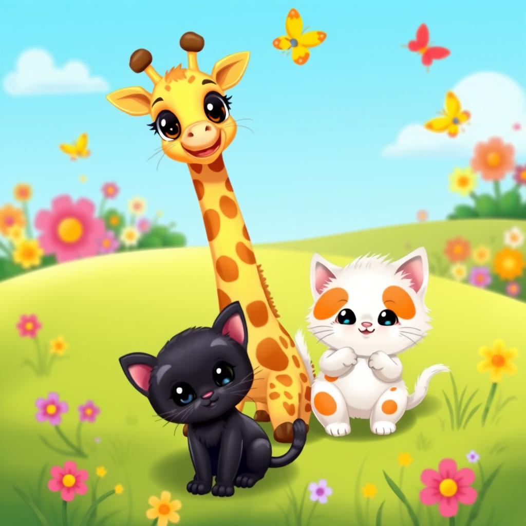 A whimsical cartoon illustration featuring an adorable little giraffe with large, curious eyes and a playful expression