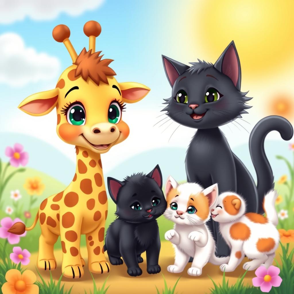 A delightful cartoon scene featuring a charming little giraffe with big, expressive eyes standing next to a gentle mother cat
