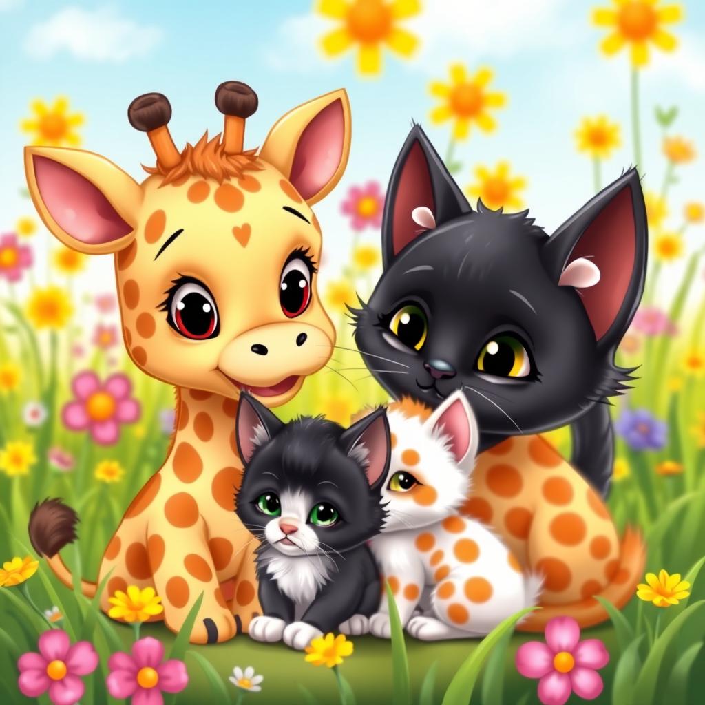 A charming cartoon scene featuring a delightful little giraffe with large, friendly eyes alongside a nurturing mother cat