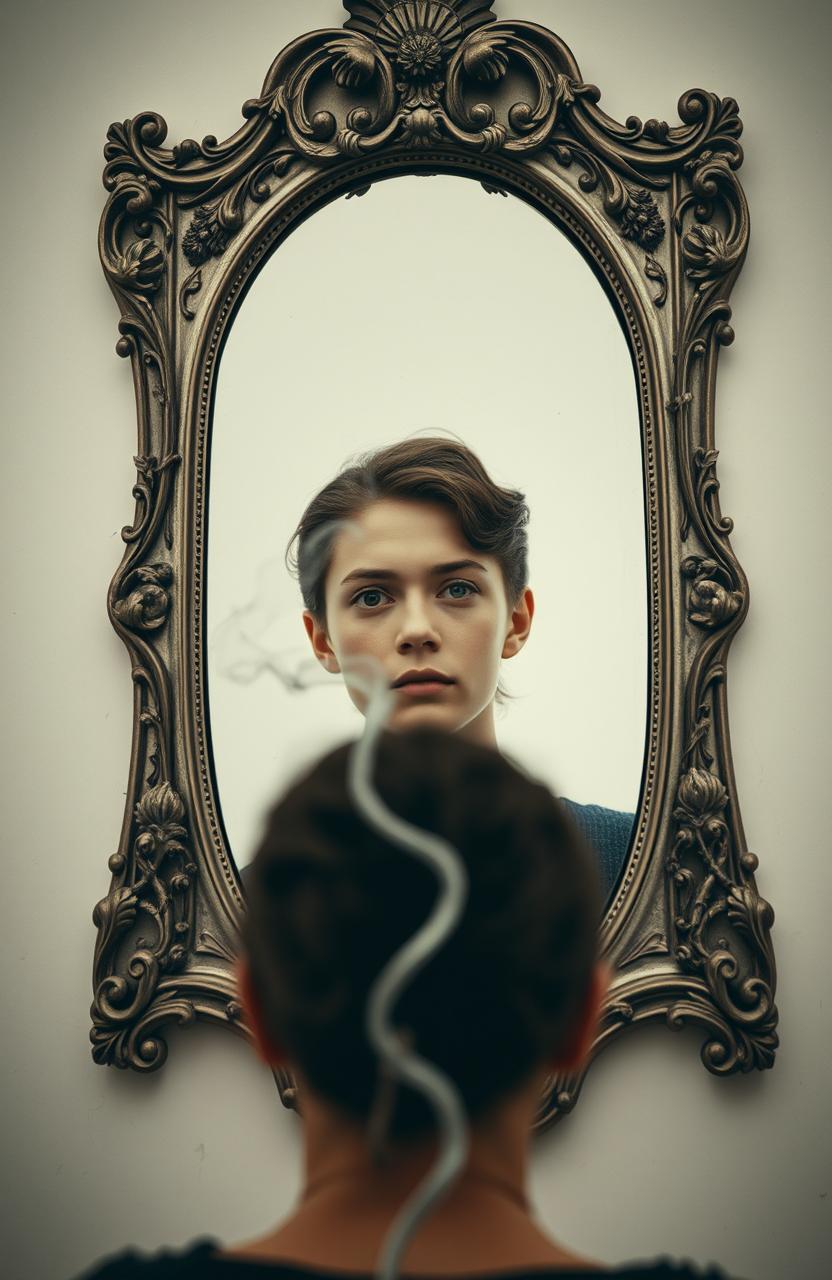 A first-person perspective of a person standing in front of an ornate mirror, their reflection slightly faded like a wisp of smoke
