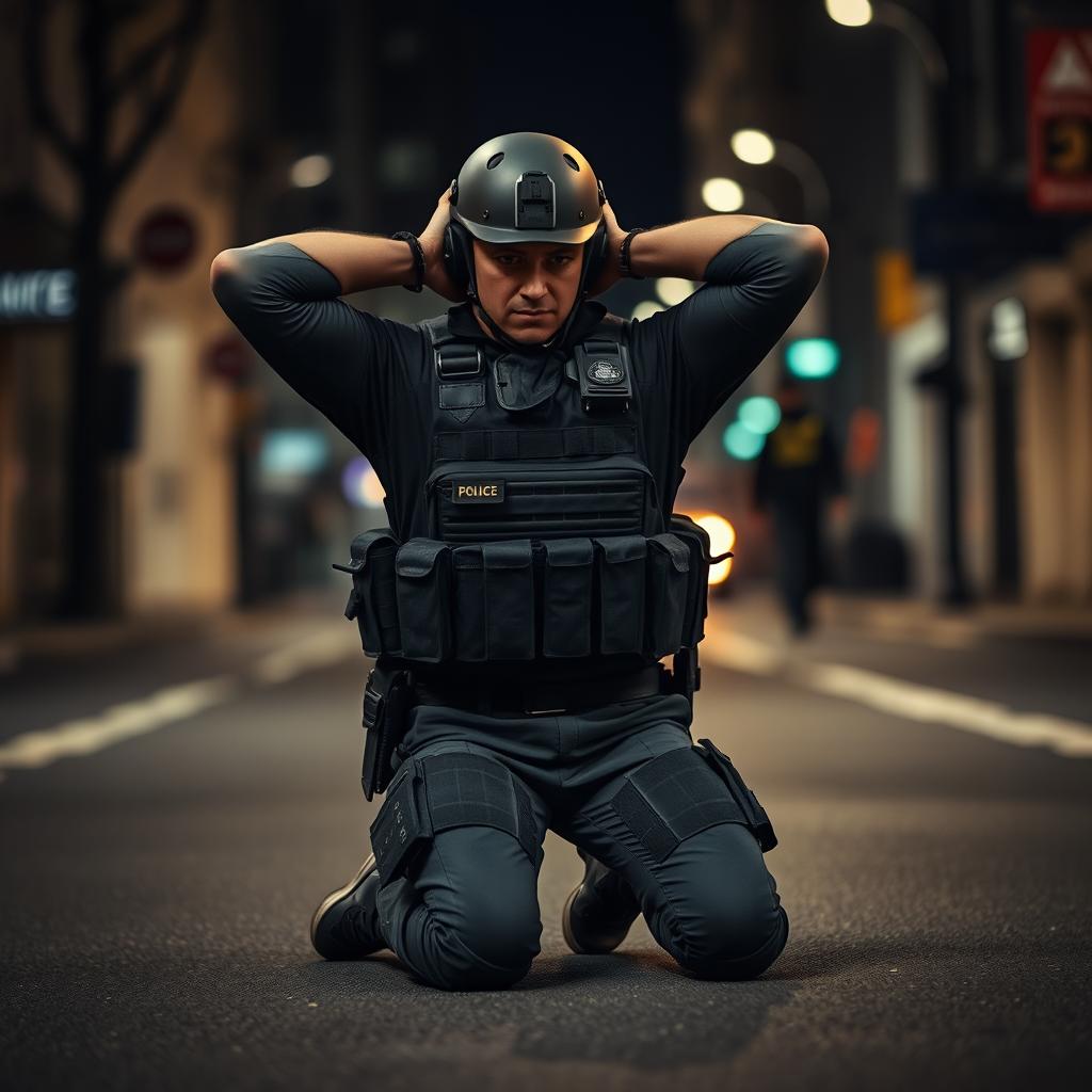 A fully geared policeman kneeling on the ground in a dramatic surrender pose, with his hands placed behind his head