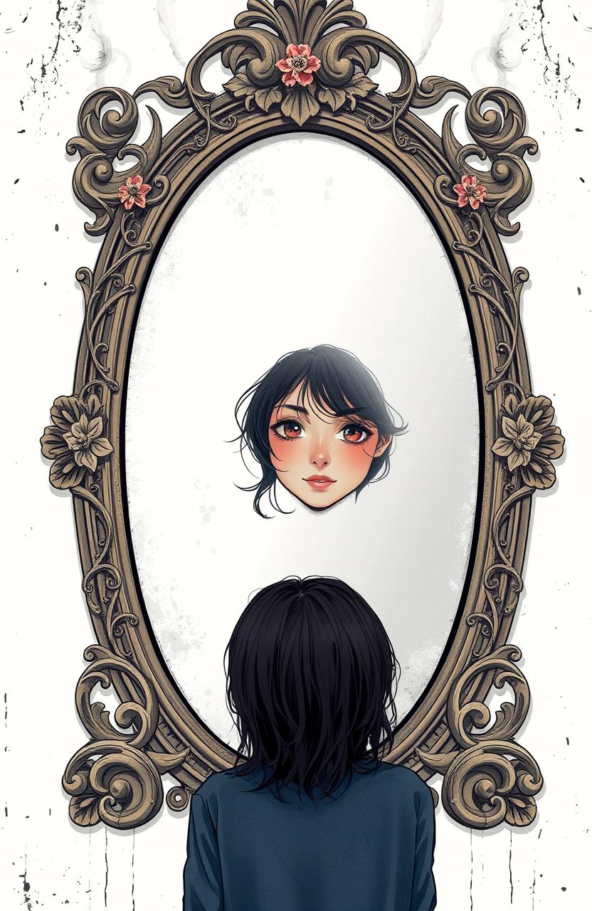 A first-person perspective of a person standing in front of an ornate mirror, their reflection slightly faded like a wisp of smoke