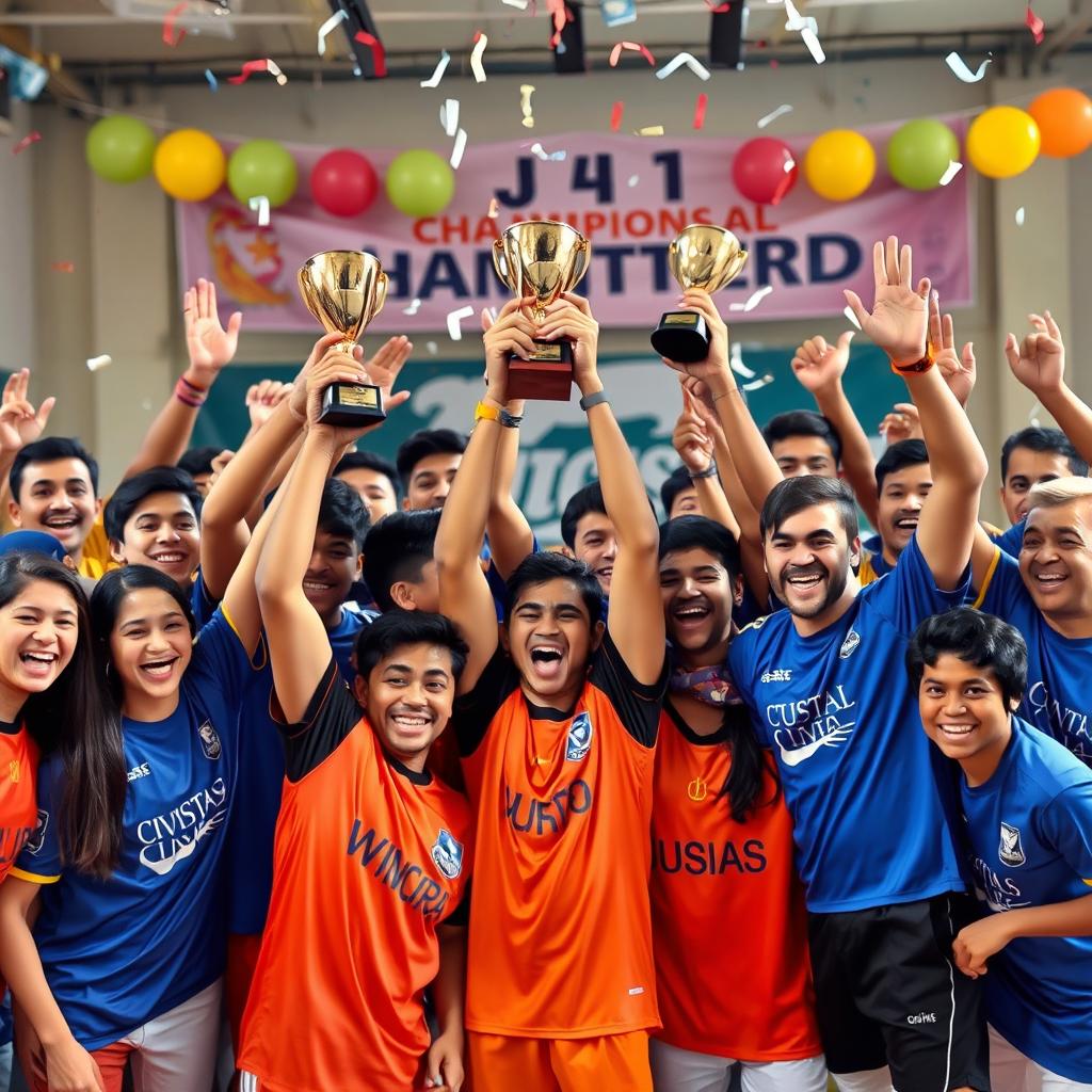 A vibrant celebration scene depicting a diverse group of happy individuals together after winning a futsal championship