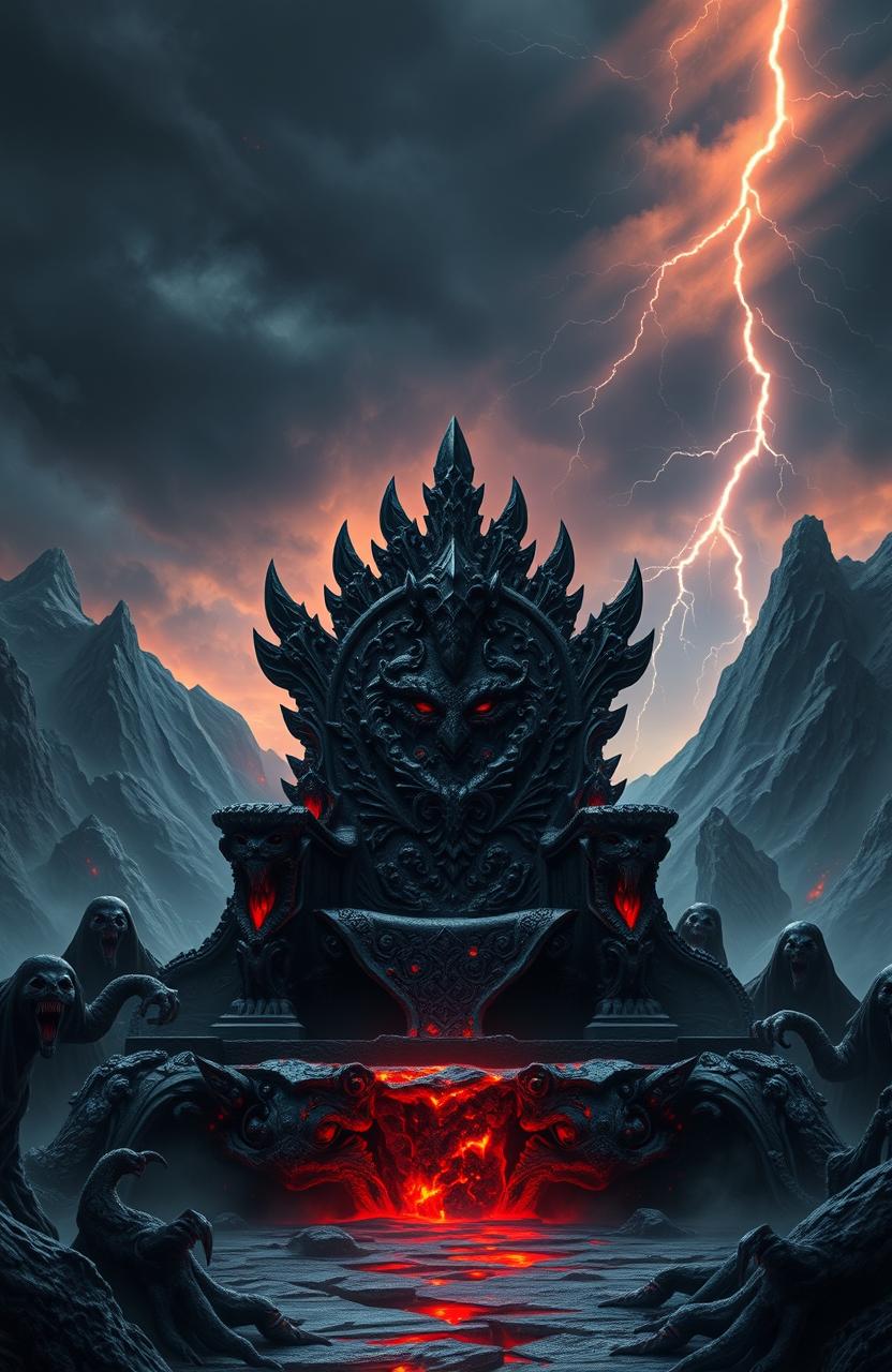 A grand throne made of molten lava and obsidian, set in a dark, foreboding realm filled with swirling shadows and phantom-like creatures