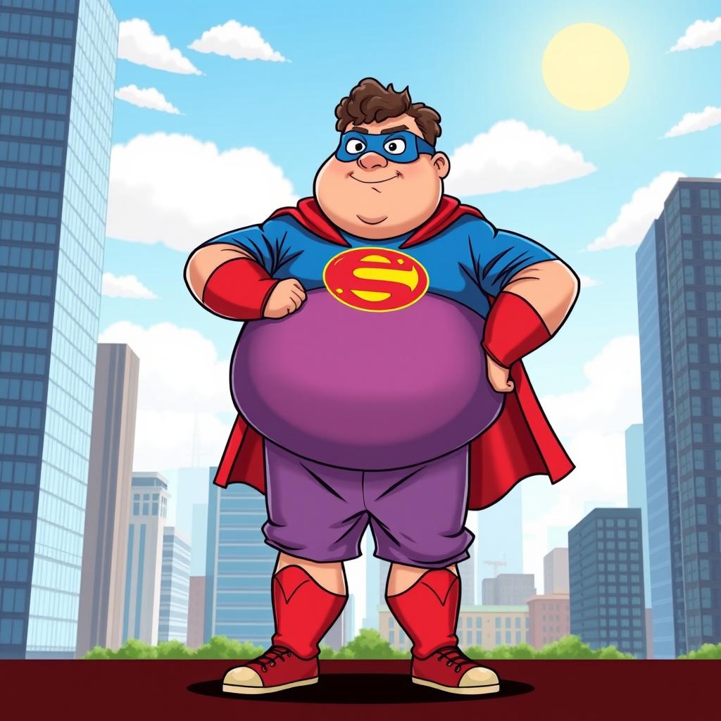 An overweight superhero character wearing a loose-fitting superhero suit, standing confidently with a playful expression