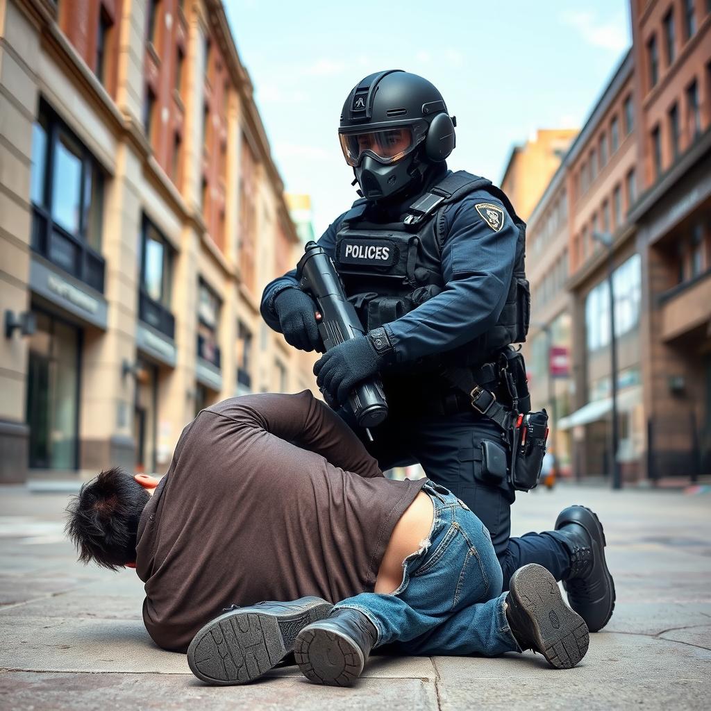 A fully geared policeman in tactical gear executing an arrest on a city sidewalk