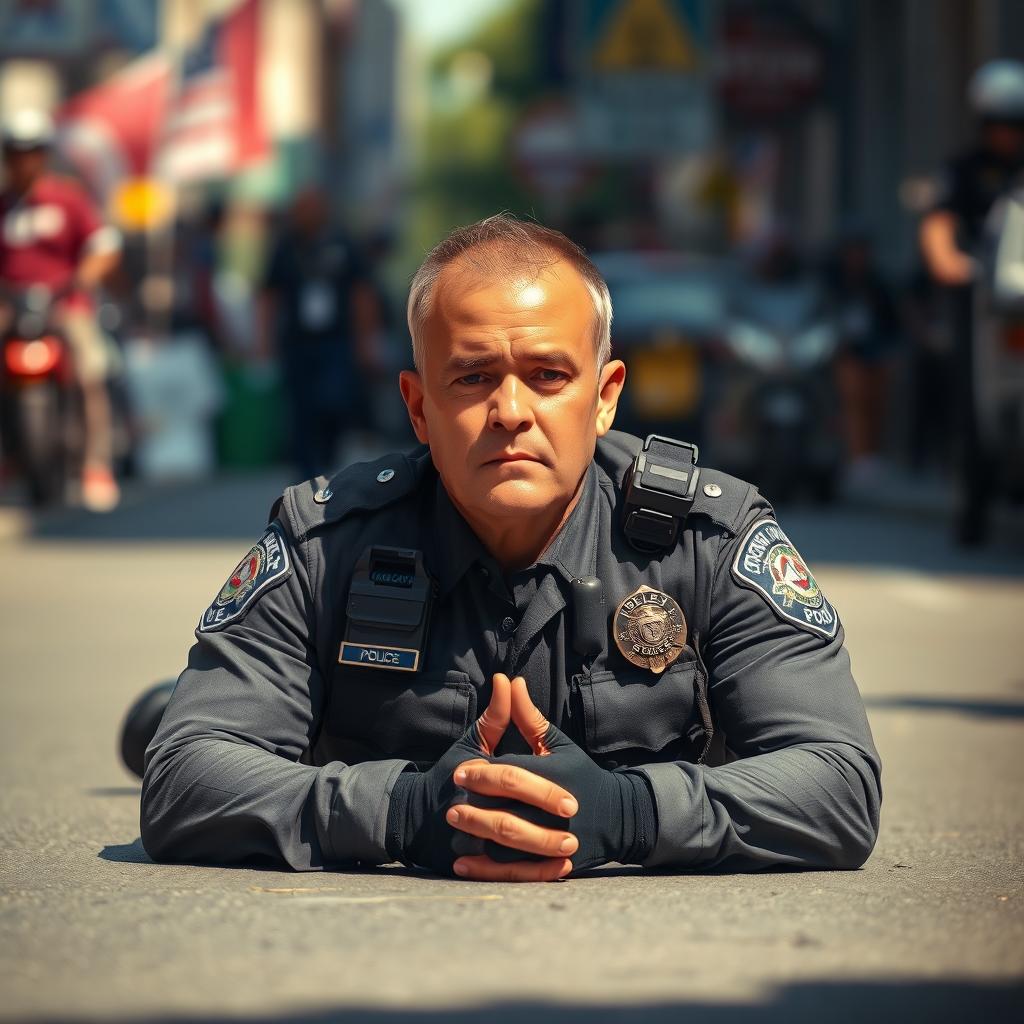 A fully geared policeman lying on the ground with his hands behind his head, in a peaceful surrender position