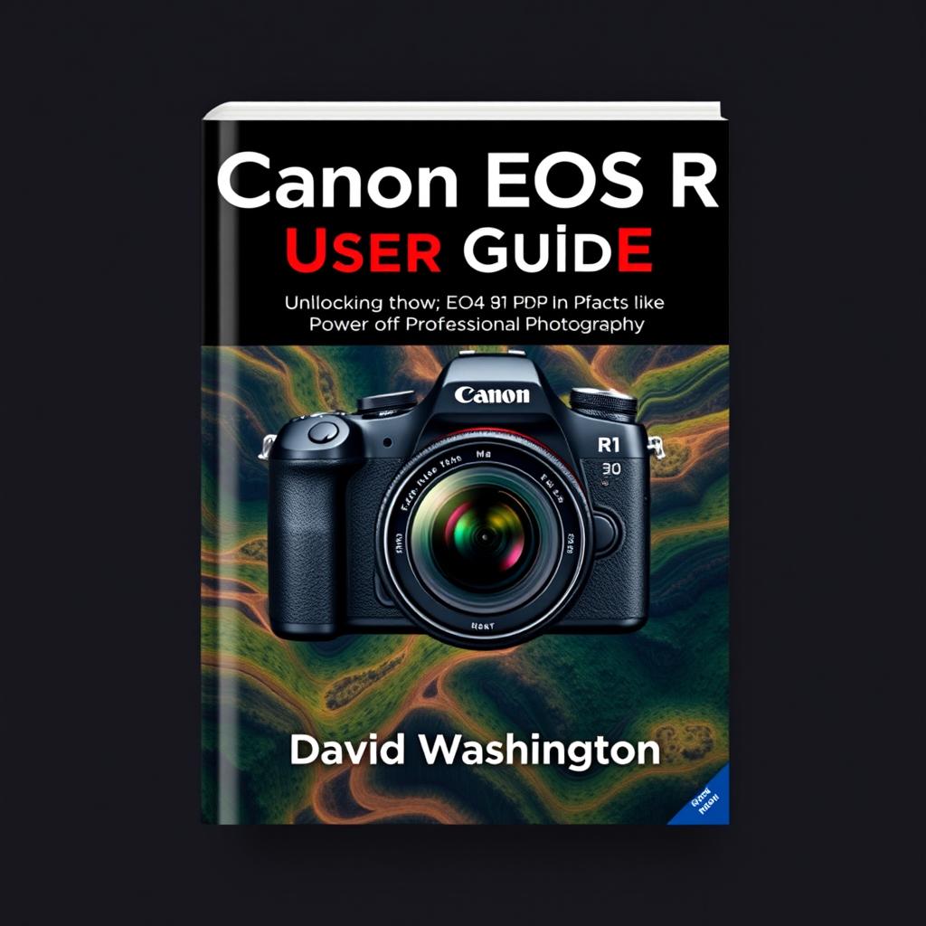 A visually striking book cover design for 'Canon EOS R1 User Guide: Unlocking the Power of Professional Photography' by David Washington