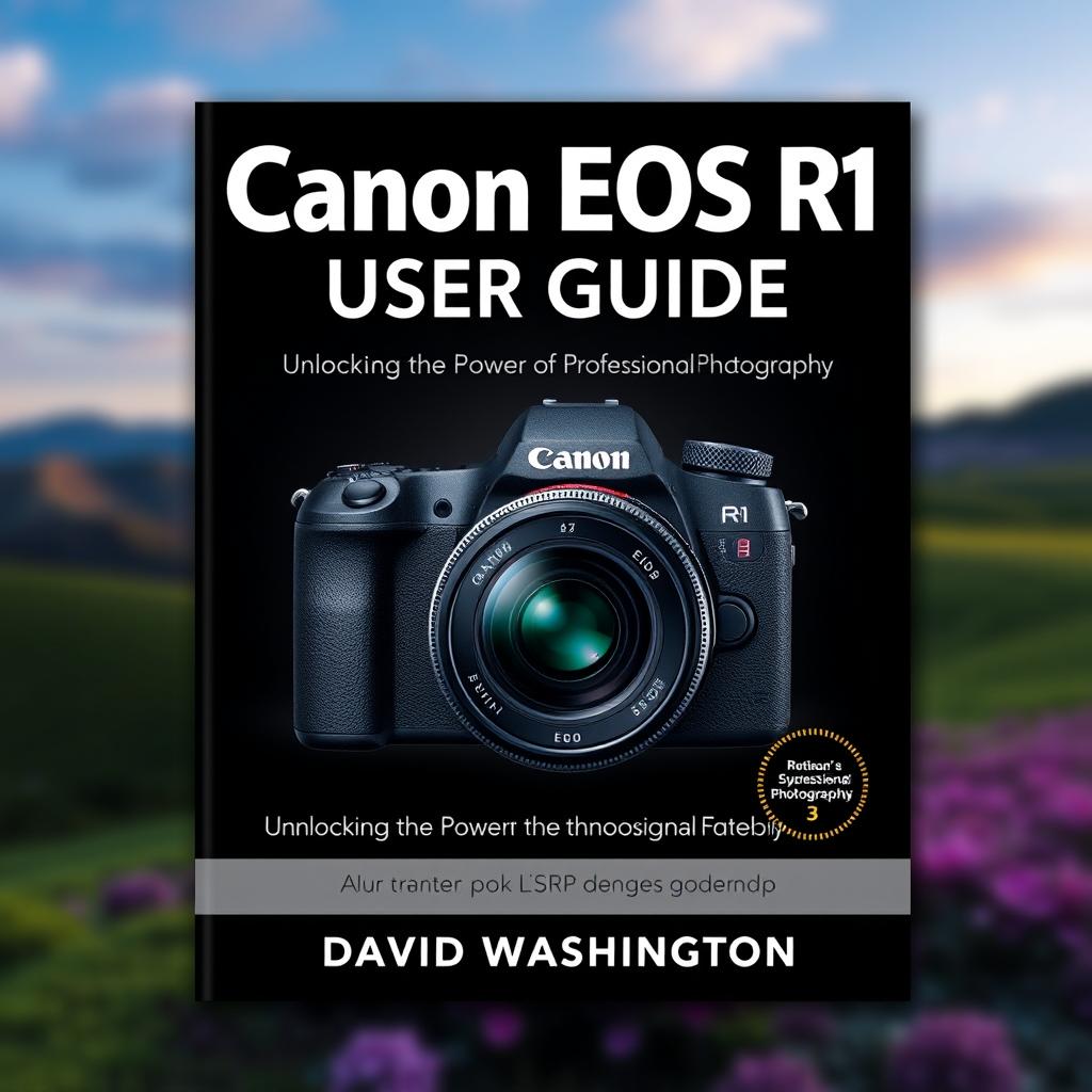 An engaging and professional book cover for 'Canon EOS R1 User Guide: Unlocking the Power of Professional Photography' by David Washington