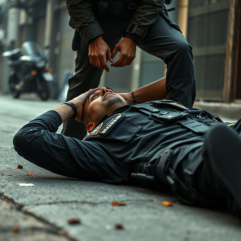 A scene depicting a fully geared cop lying on the ground in a surrender position, with his hands behind his head