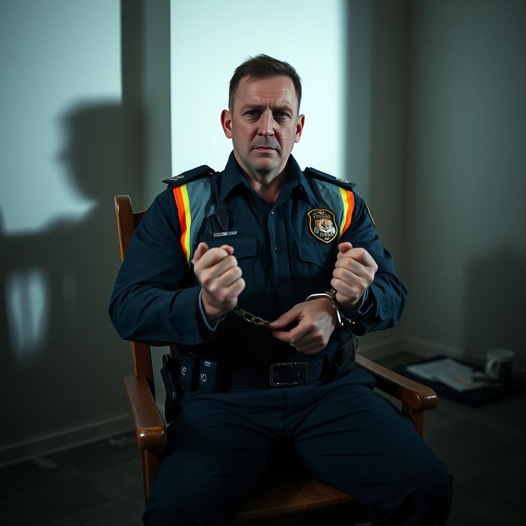 A fully geared policeman, wearing a dark blue uniform with a reflective vest, handcuffed and struggling in a wooden chair
