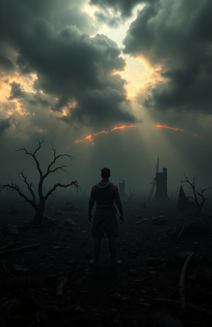 A dystopian landscape depicting a blackened world, where the sky is filled with dark, ominous clouds, and the ground is covered with ash and debris
