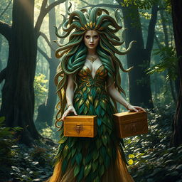 A captivating female Medusa standing in a mystical forest, gracefully holding a beautiful golden chest in her hand