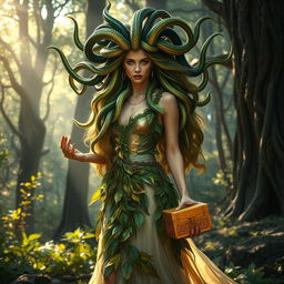 A captivating female Medusa standing in a mystical forest, gracefully holding a beautiful golden chest in her hand
